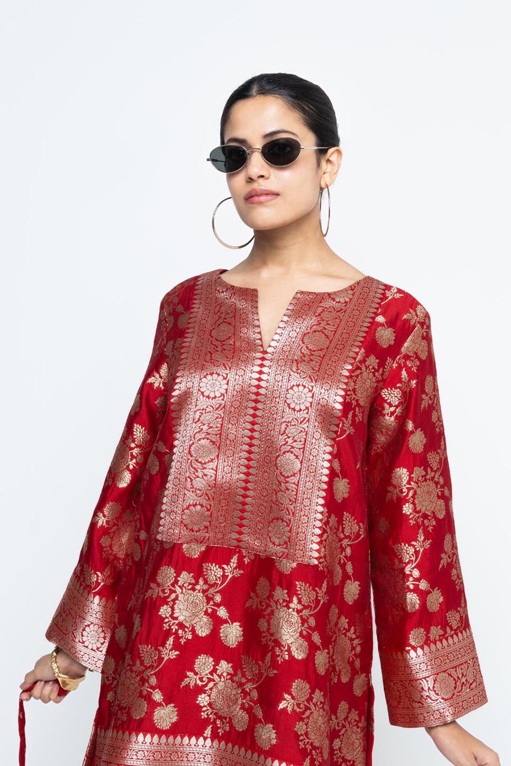 Gul Floral Brocade Kurta With Dhoti Set- Red