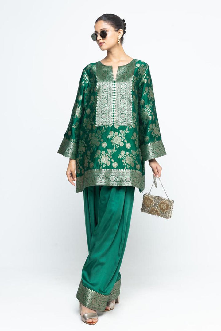 Gul Floral Brocade Kurta with Farshi Salwar - Green