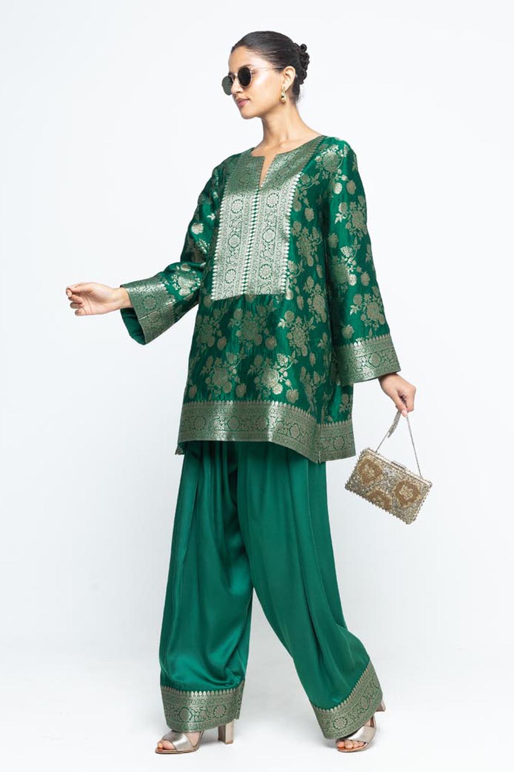 Gul Floral Brocade Kurta with Farshi Salwar - Green