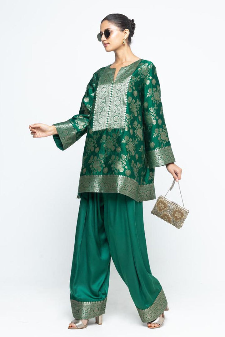 Gul Floral Brocade Kurta with Farshi Salwar - Green
