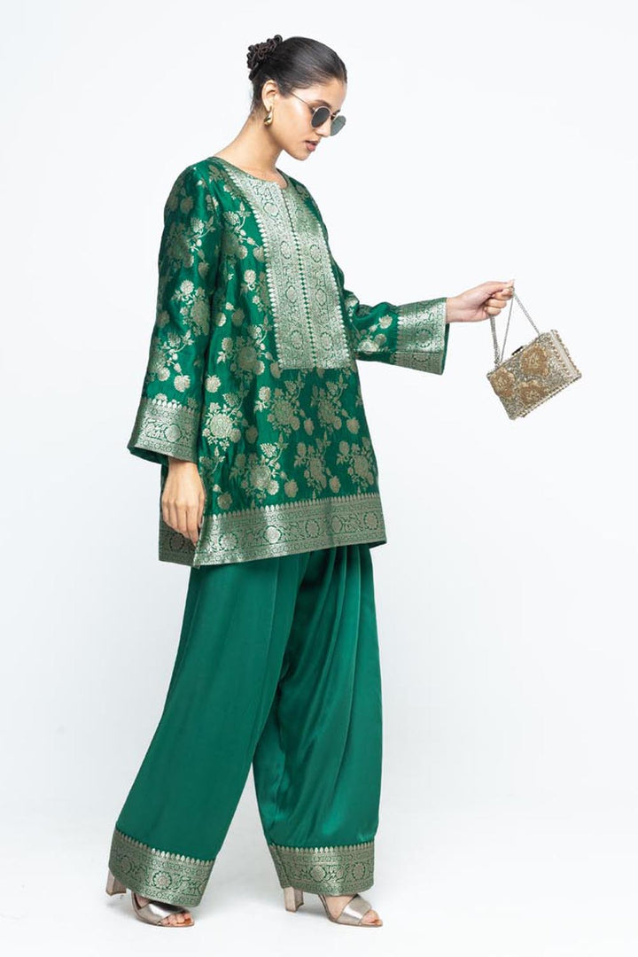 Gul Floral Brocade Kurta with Farshi Salwar - Green