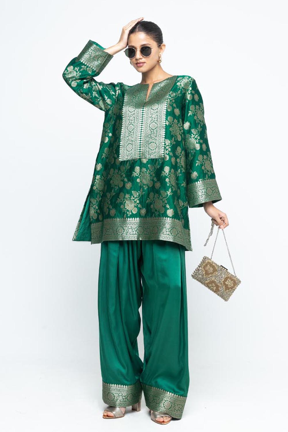 Gul Floral Brocade Kurta with Farshi Salwar - Green