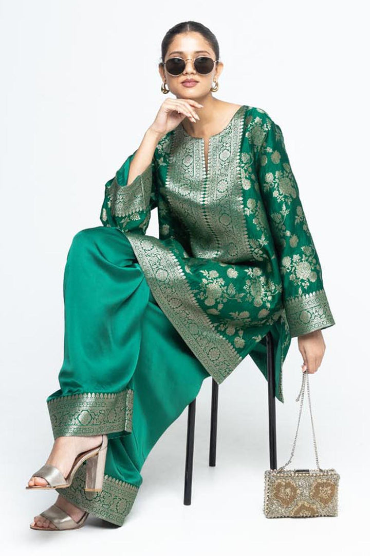 Gul Floral Brocade Kurta with Farshi Salwar - Green