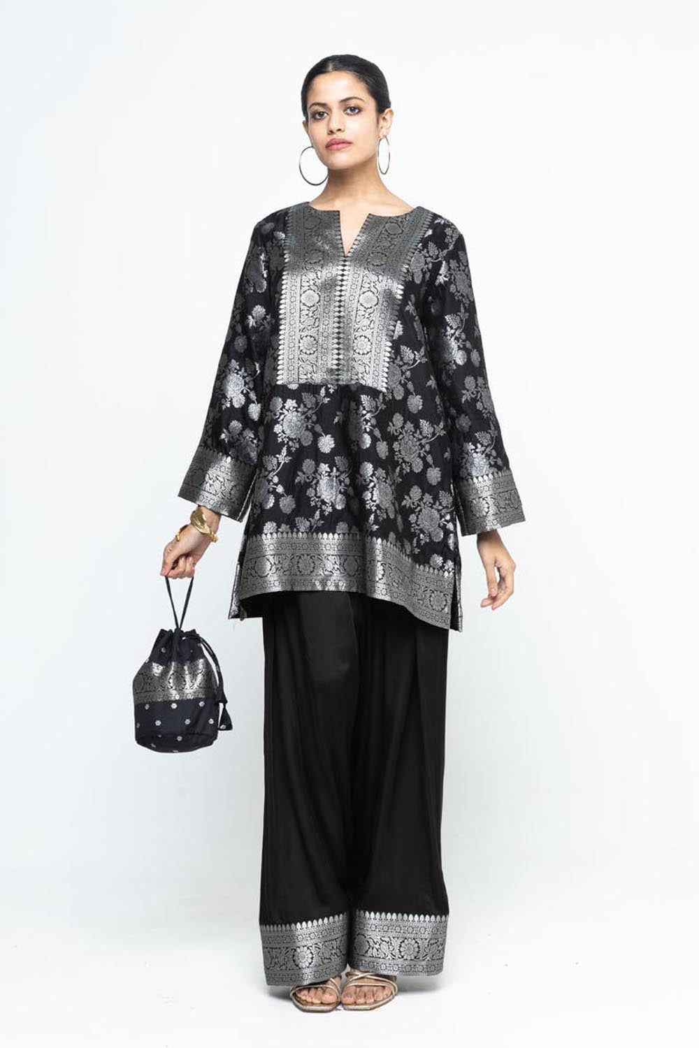 Gul Floral Brocade Kurta with Farshi Salwar - Black
