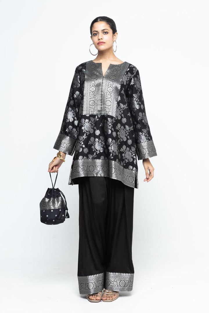 Gul Floral Brocade Kurta with Farshi Salwar - Black