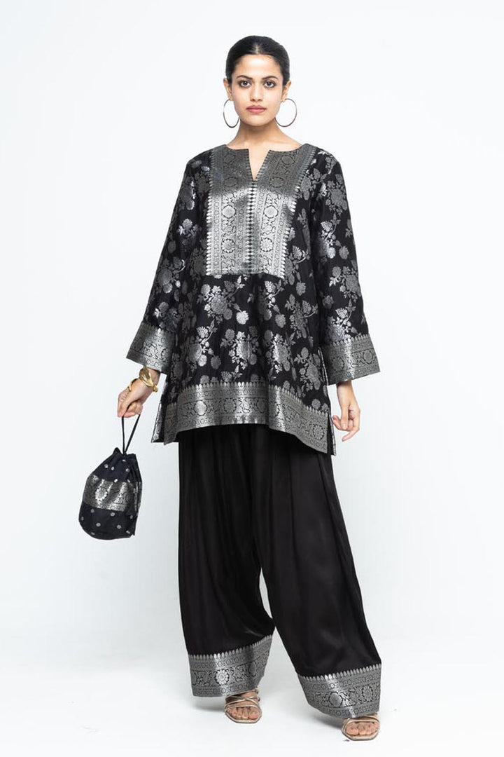 Gul Floral Brocade Kurta with Farshi Salwar - Black