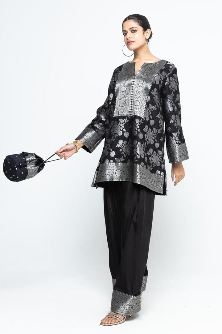 Gul Floral Brocade Kurta with Farshi Salwar - Black