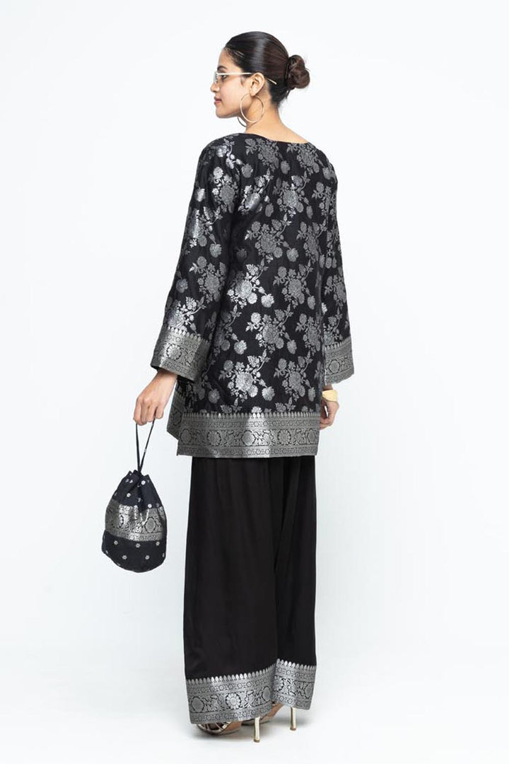Gul Floral Brocade Kurta with Farshi Salwar - Black