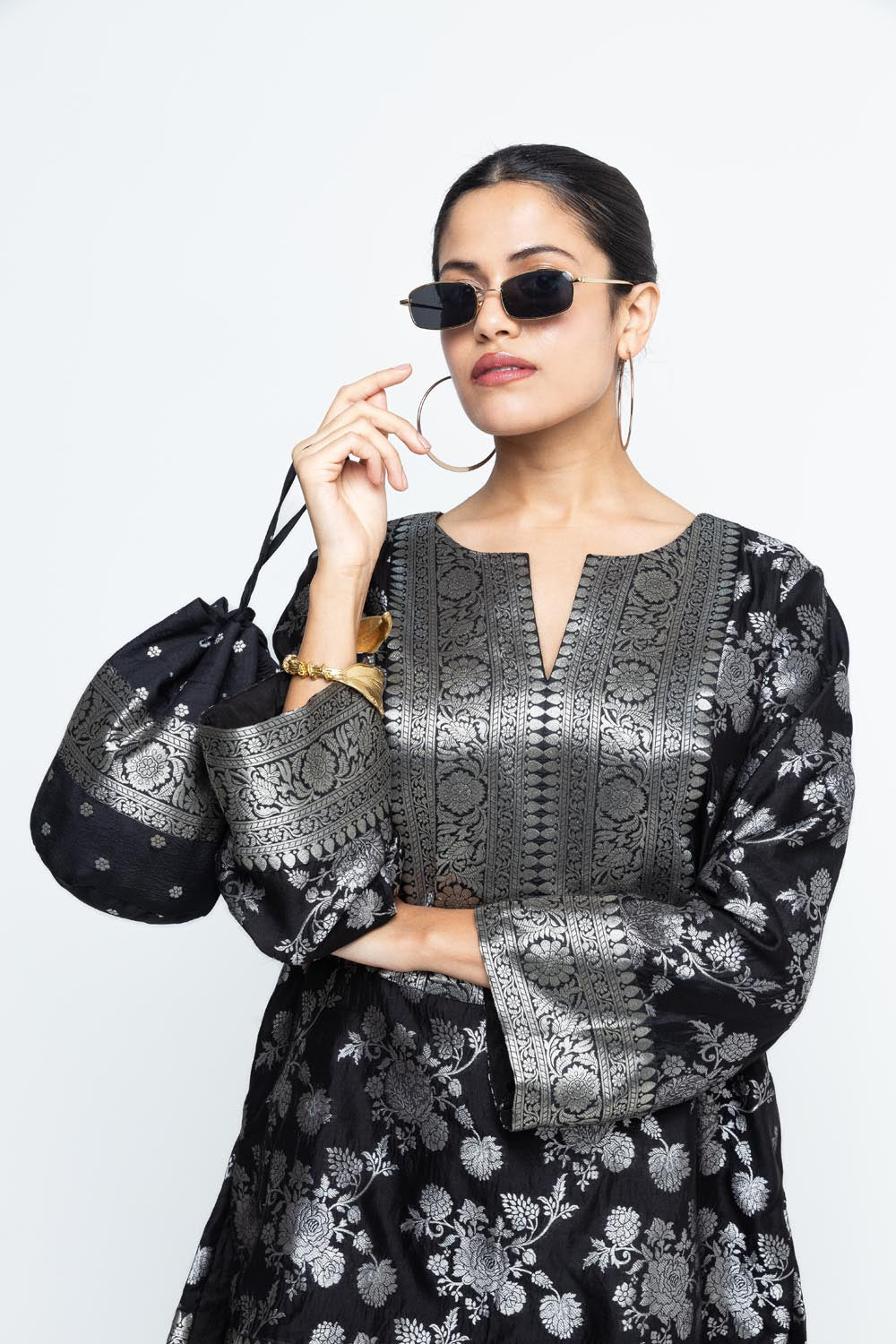 Gul Floral Brocade Kurta with Farshi Salwar - Black