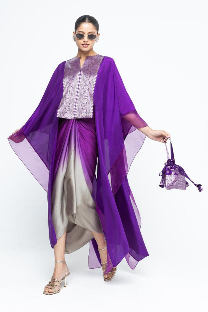 Onaya Statement Silk Cape and Ombre Skirt Set - Purple