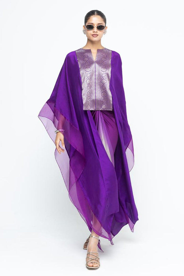 Onaya Statement Silk Cape and Ombre Skirt Set - Purple