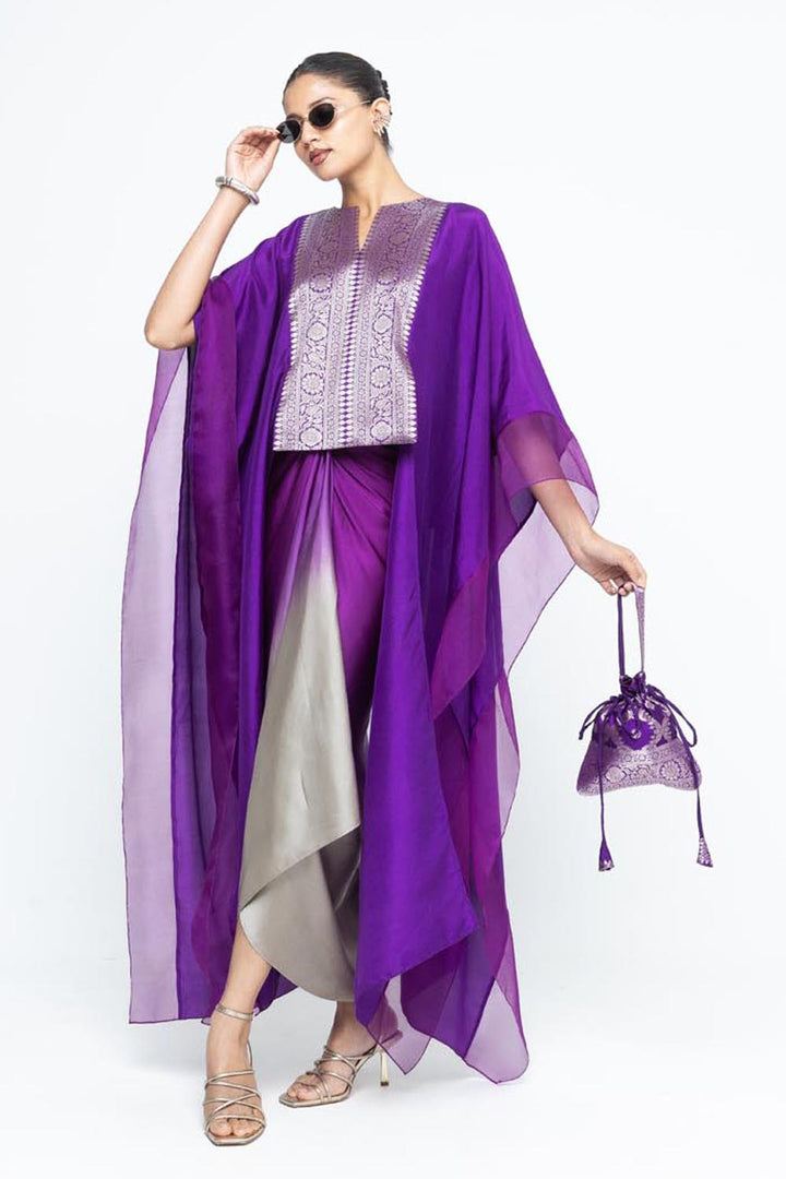 Onaya Statement Silk Cape and Ombre Skirt Set - Purple