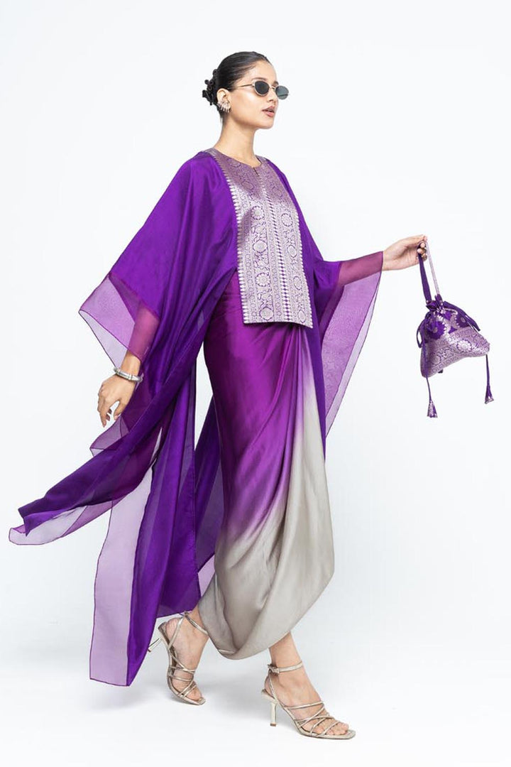 Onaya Statement Silk Cape and Ombre Skirt Set - Purple