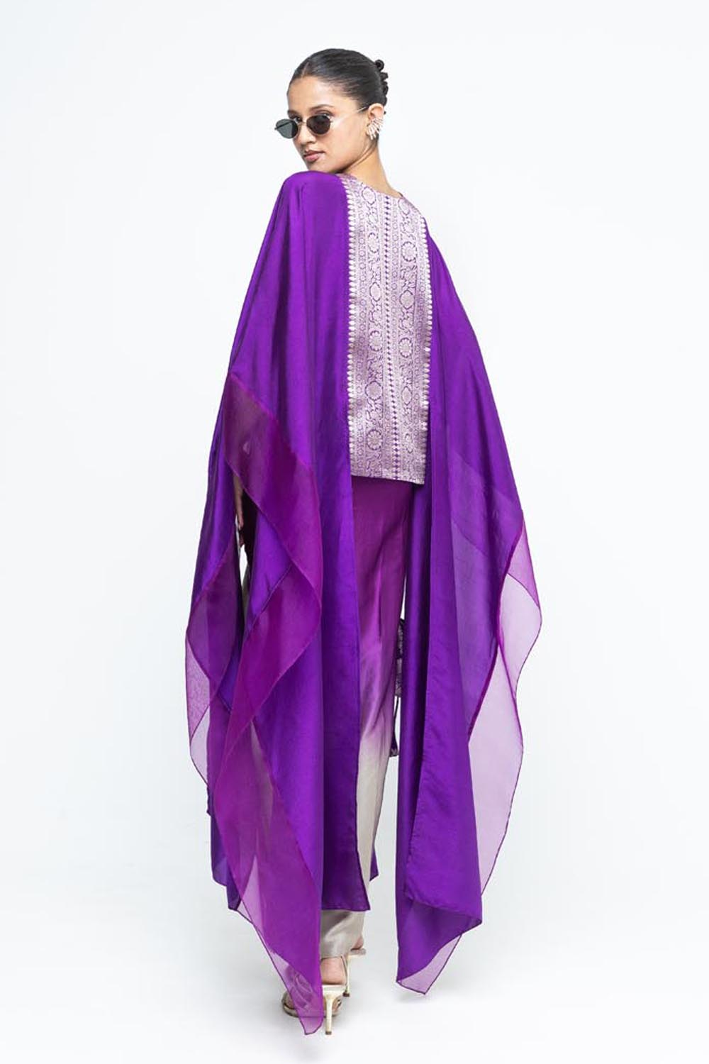 Onaya Statement Silk Cape and Ombre Skirt Set - Purple