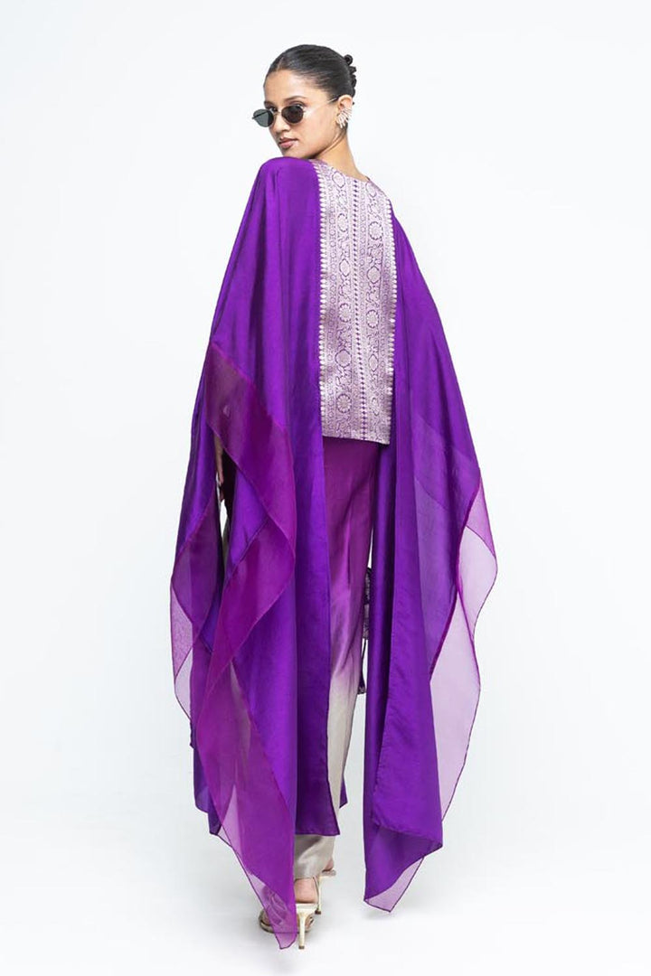 Onaya Statement Silk Cape and Ombre Skirt Set - Purple