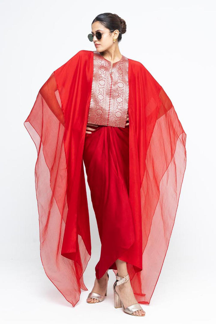 Onaya Statement Silk Cape and Skirt Set - Red