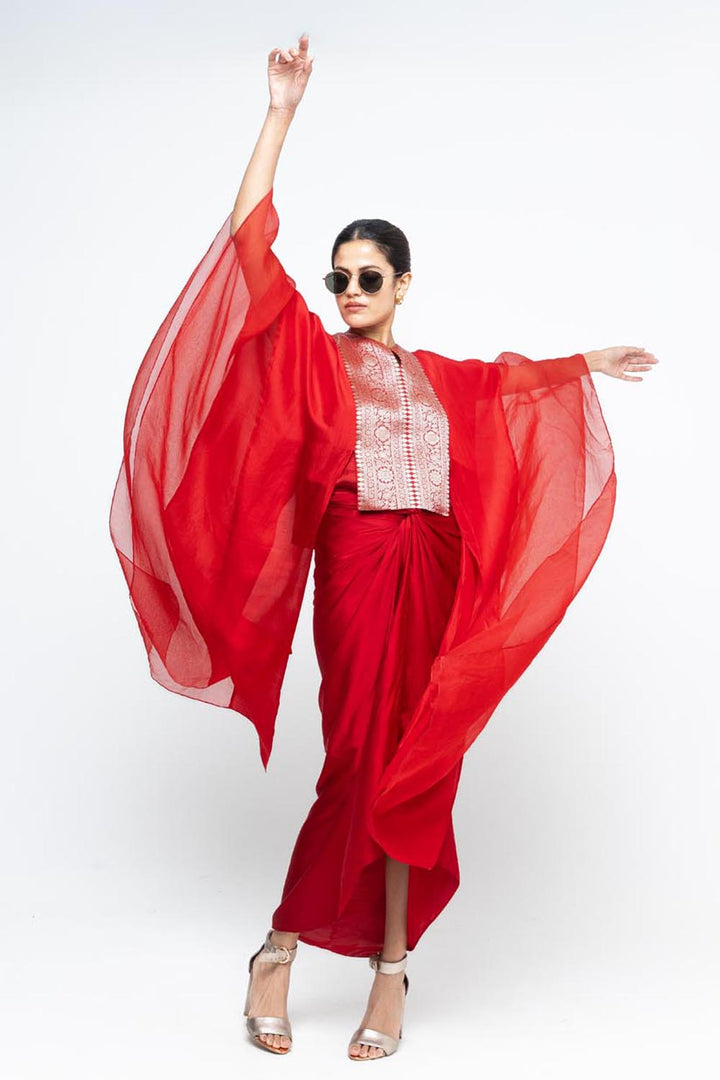 Onaya Statement Silk Cape and Skirt Set - Red