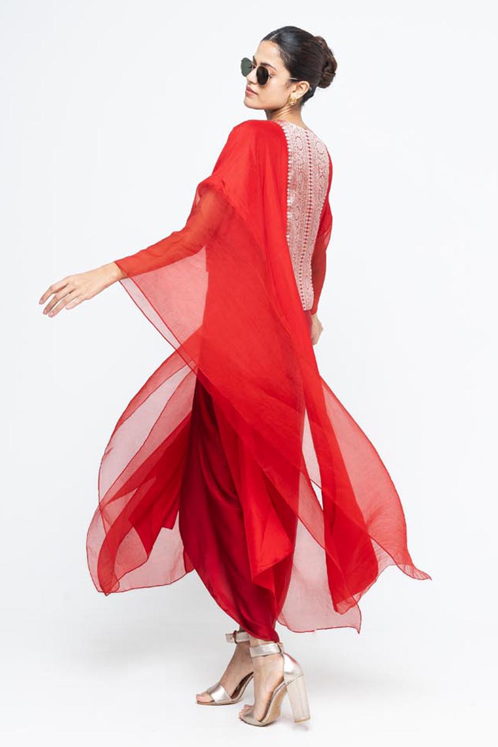 Onaya Statement Silk Cape and Skirt Set - Red