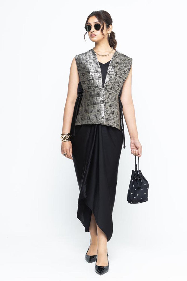 Alia Brocade Gilet Paired With Asymmetrical Dress - Black