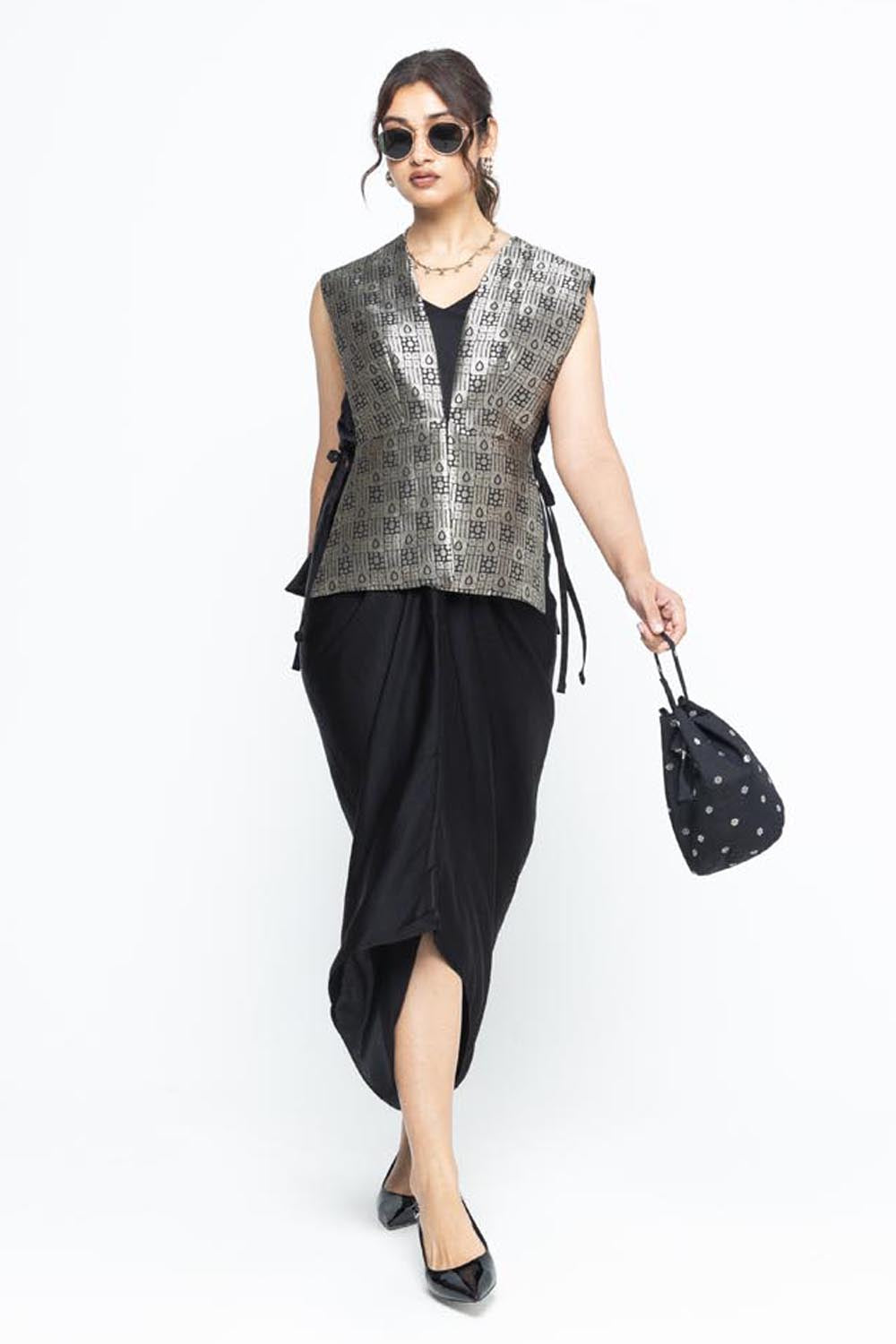 Alia Brocade Gilet Paired With Asymmetrical Dress - Black