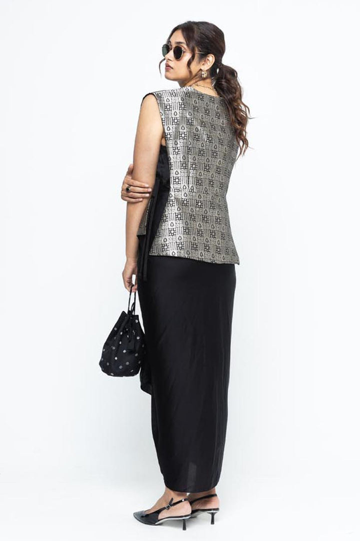 Alia Brocade Gilet Paired With Asymmetrical Dress - Black