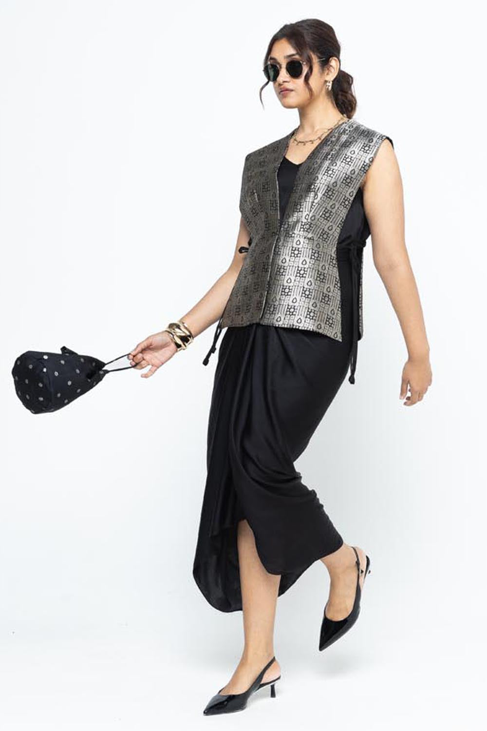Alia Brocade Gilet Paired With Asymmetrical Dress - Black