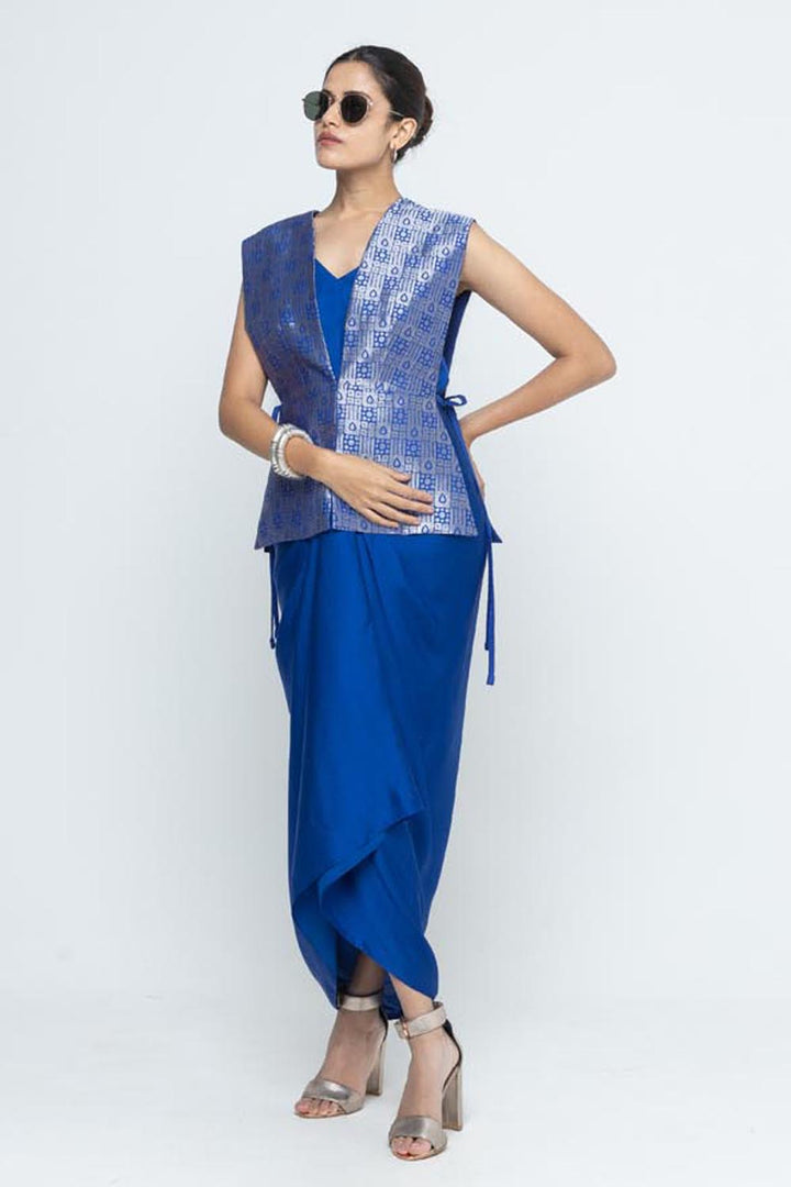 Alia Brocade Gilet Paired With Asymmetrical Dress - Blue