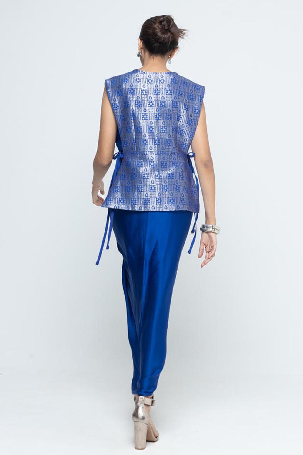 Alia Brocade Gilet Paired With Asymmetrical Dress - Blue