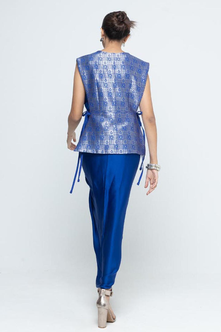 Alia Brocade Gilet Paired With Asymmetrical Dress - Blue