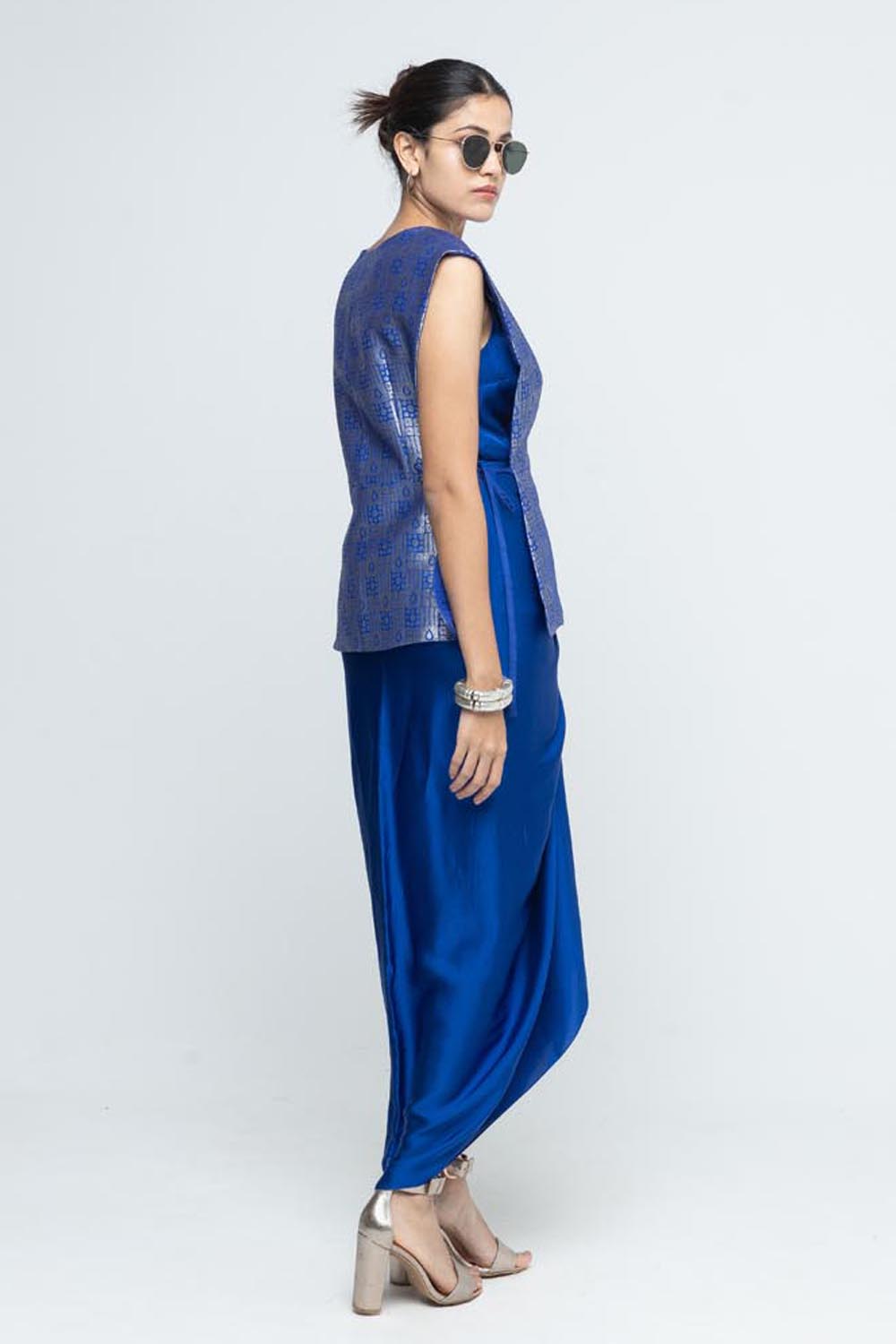 Alia Brocade Gilet Paired With Asymmetrical Dress - Blue