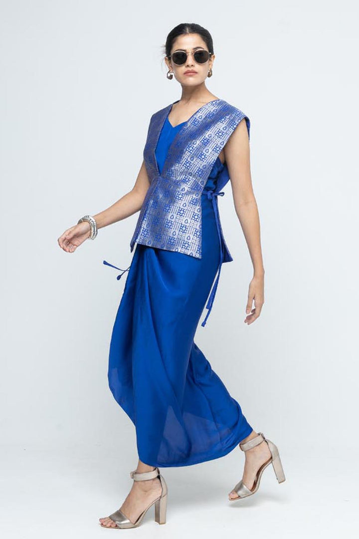 Alia Brocade Gilet Paired With Asymmetrical Dress - Blue