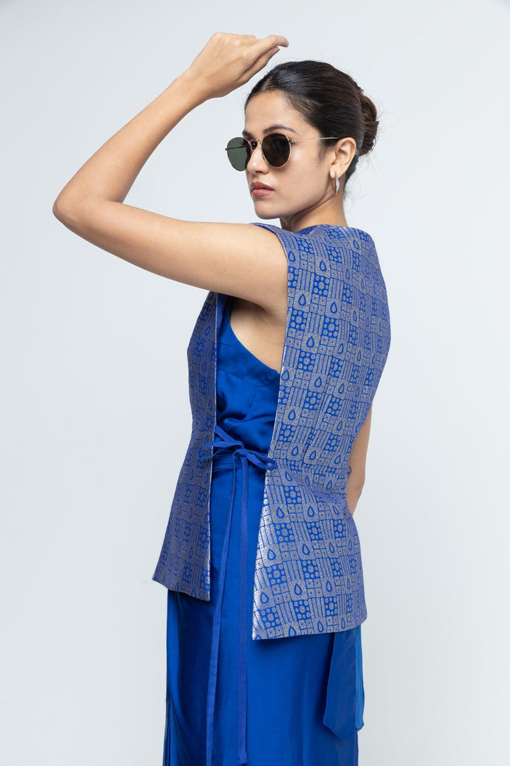 Alia Brocade Gilet Paired With Asymmetrical Dress - Blue
