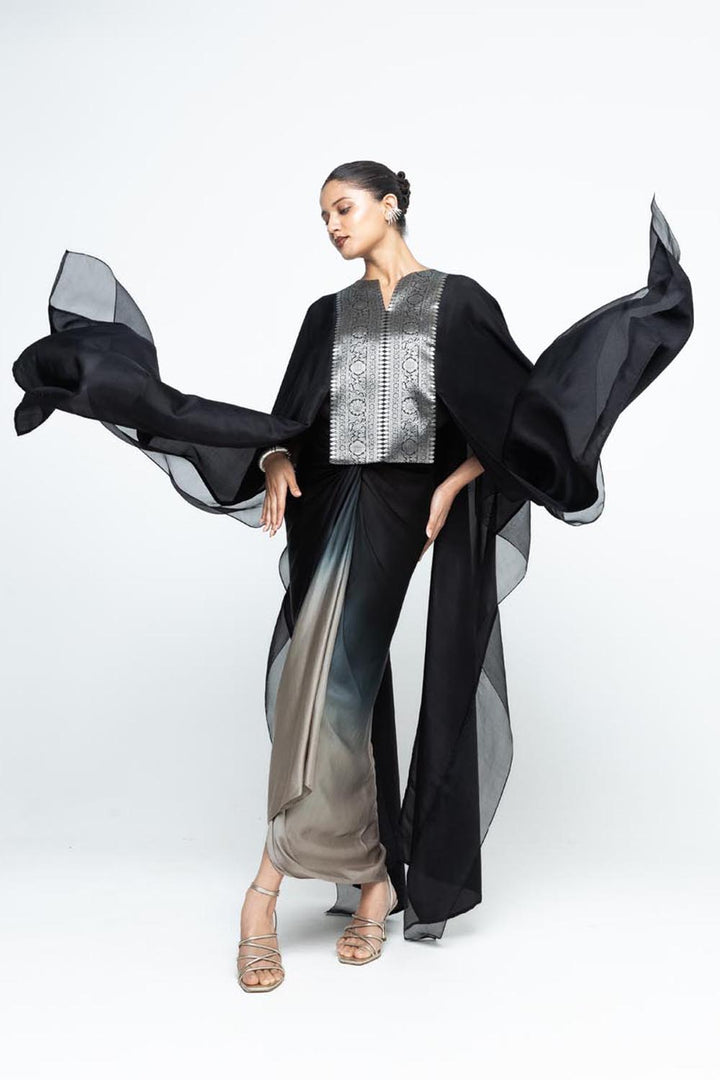 Onaya Silk Cape and  Ombre Skirt Set - Black