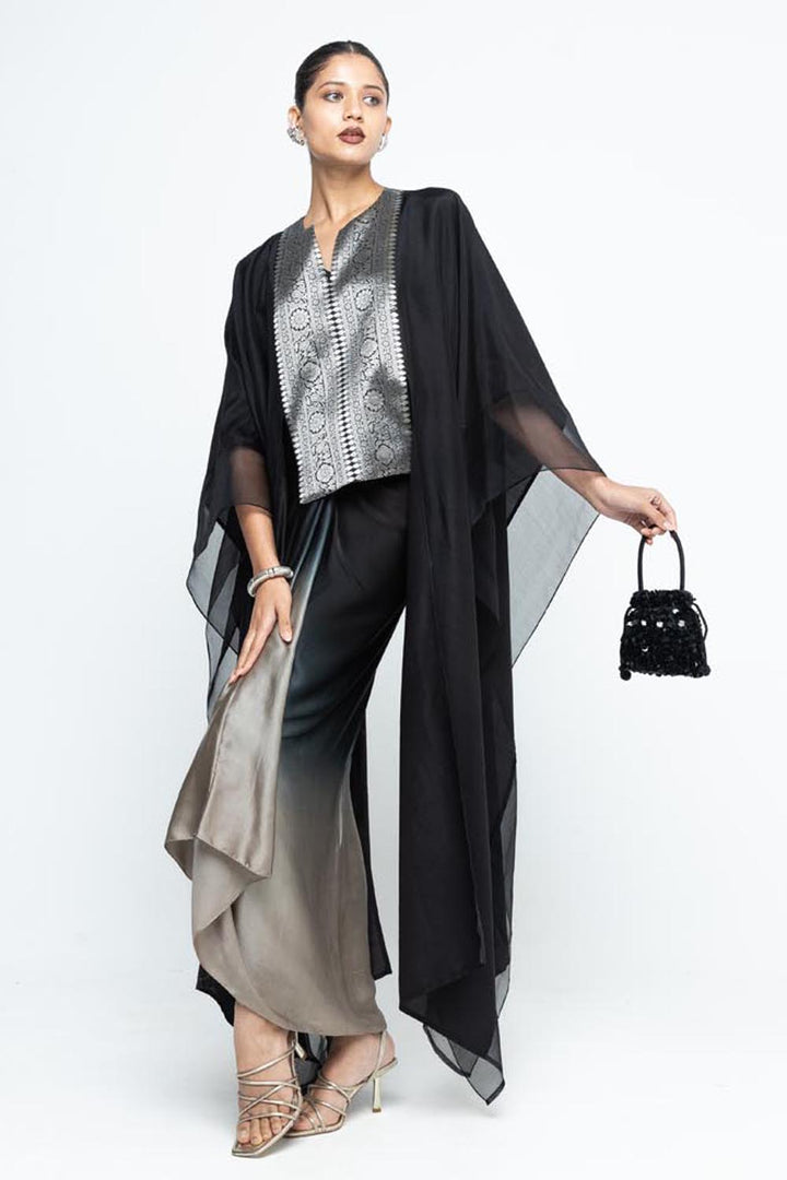 Onaya Silk Cape and  Ombre Skirt Set - Black
