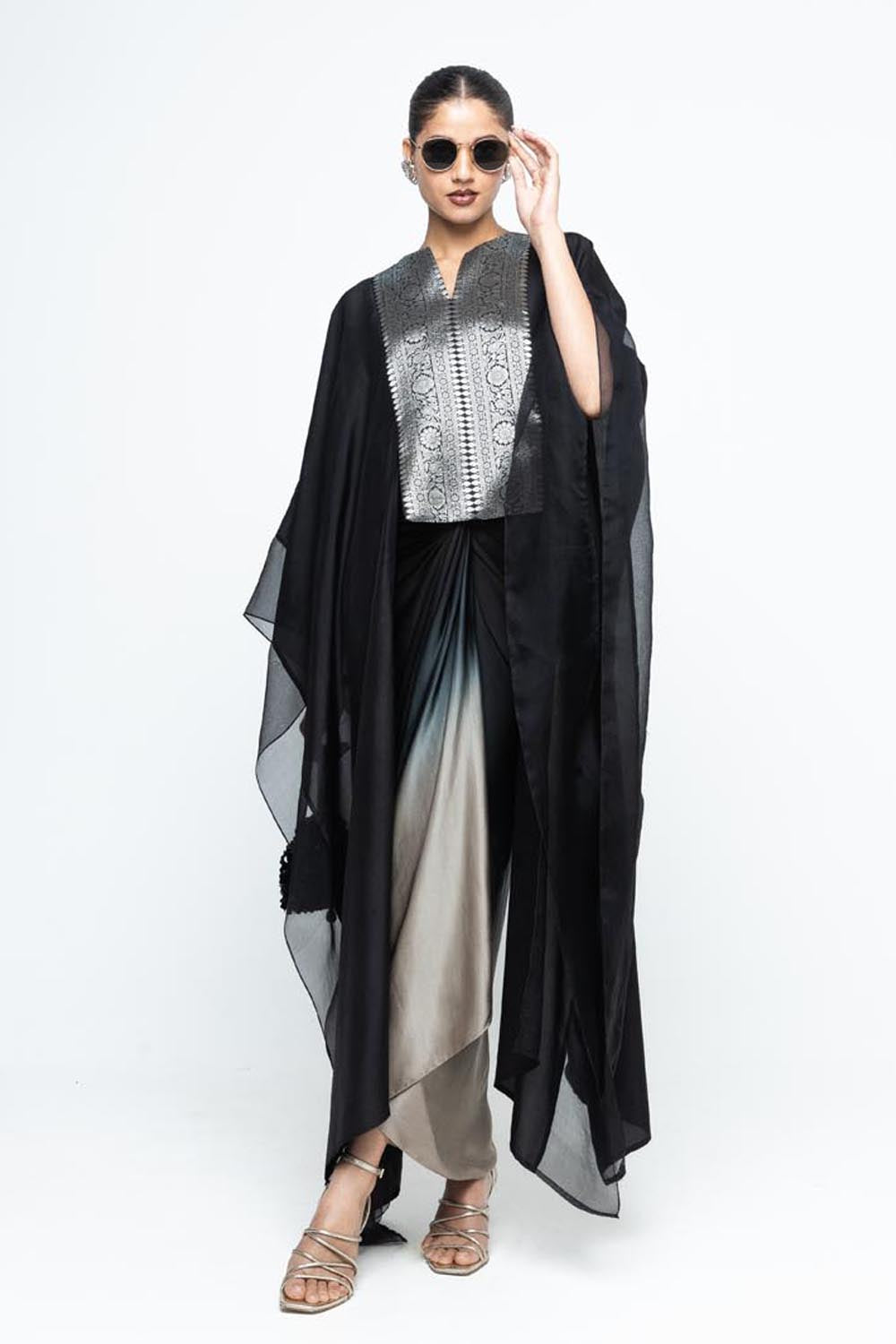 Onaya Silk Cape and  Ombre Skirt Set - Black