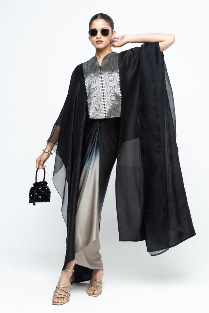 Onaya Silk Cape and  Ombre Skirt Set - Black