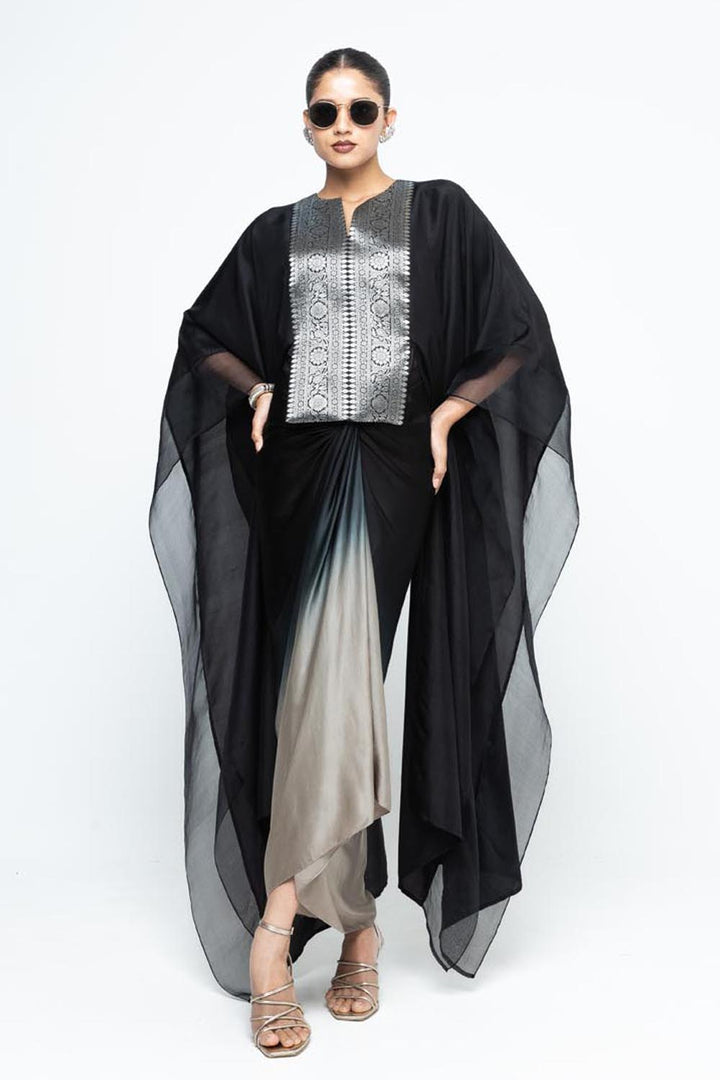 Onaya Silk Cape and  Ombre Skirt Set - Black
