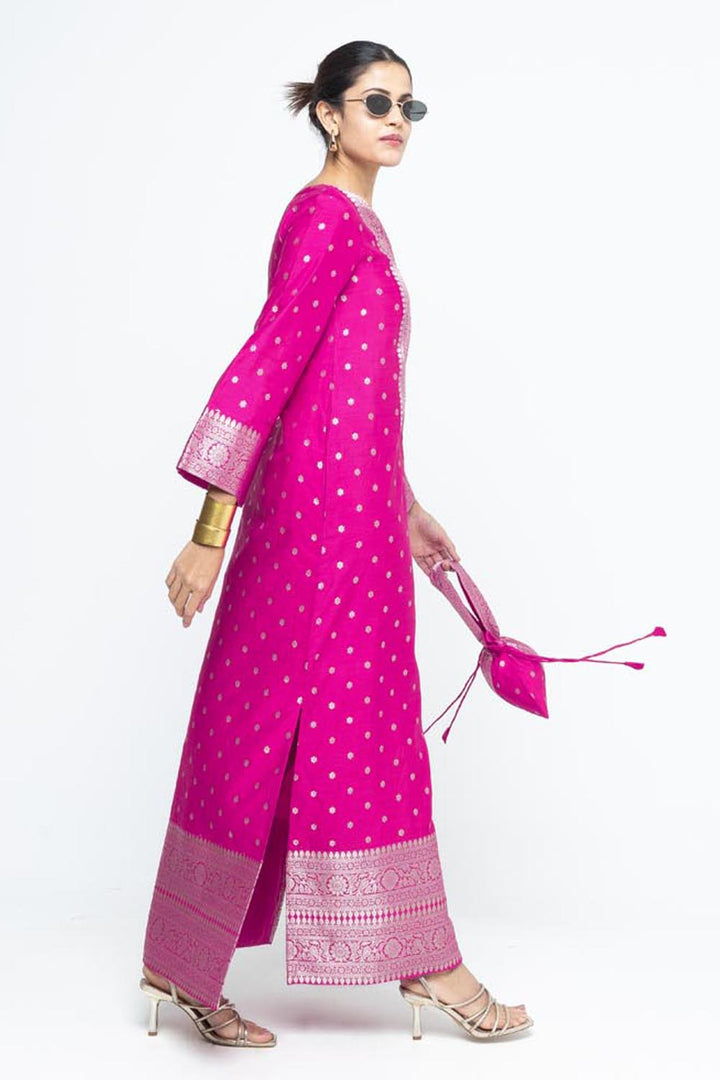 Nats Statement Silk Kaftan With Brocade Detail - Pink