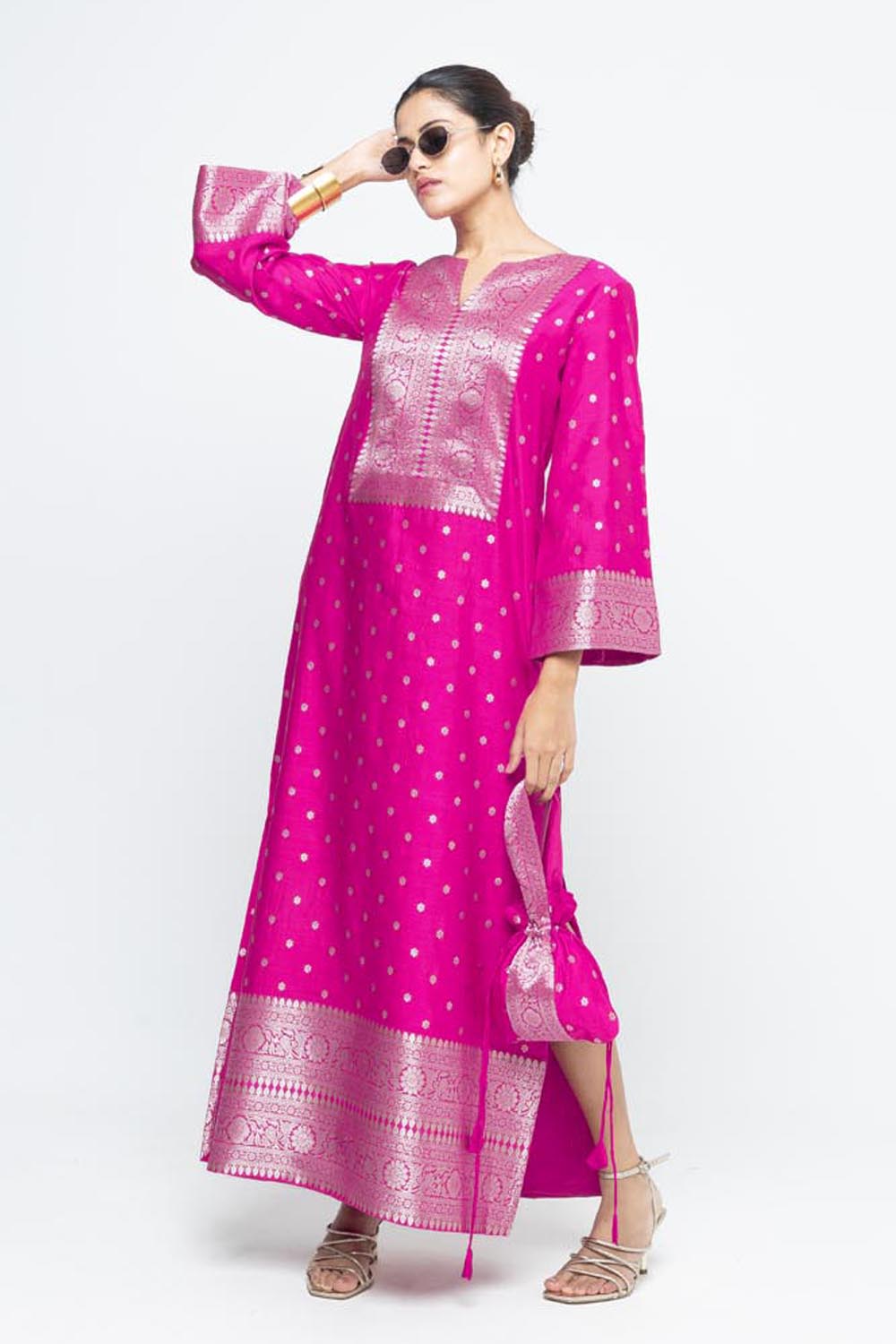 Nats Statement Silk Kaftan With Brocade Detail - Pink
