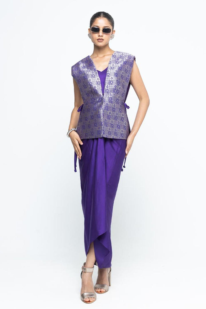 Alia Brocade Gilet Paired With Asymmetrical Dress - Purple