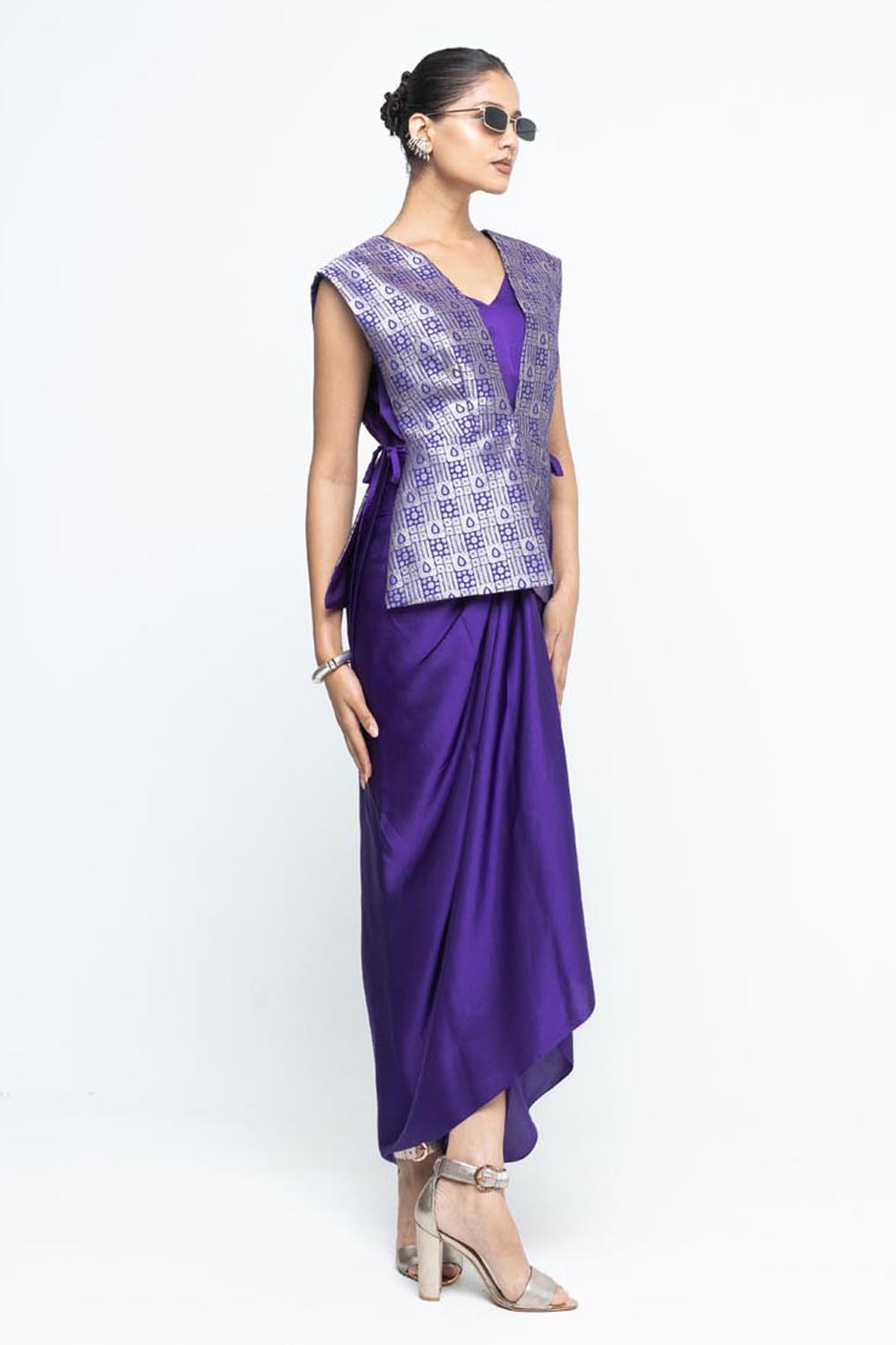 Alia Brocade Gilet Paired With Asymmetrical Dress - Purple