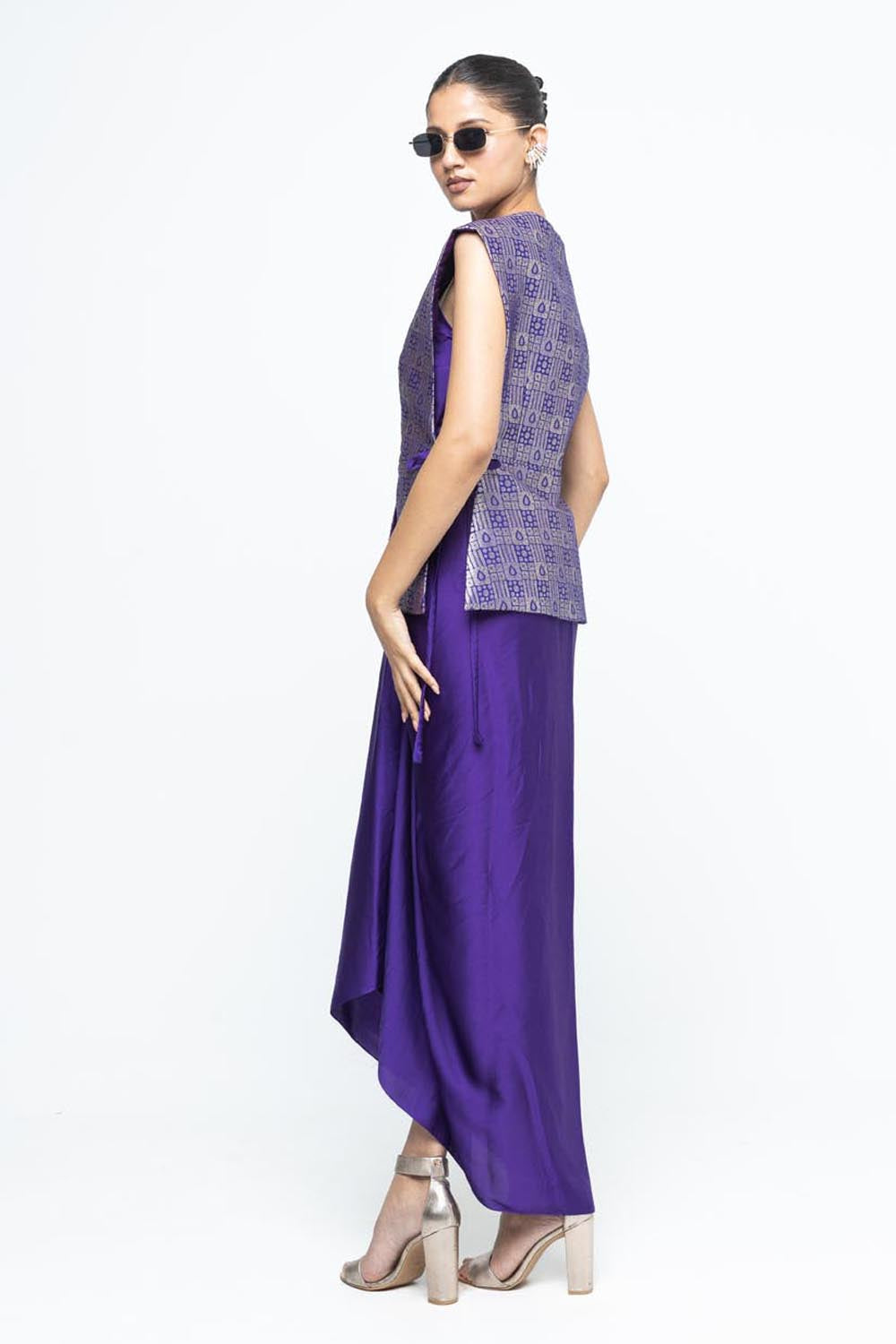 Alia Brocade Gilet Paired With Asymmetrical Dress - Purple