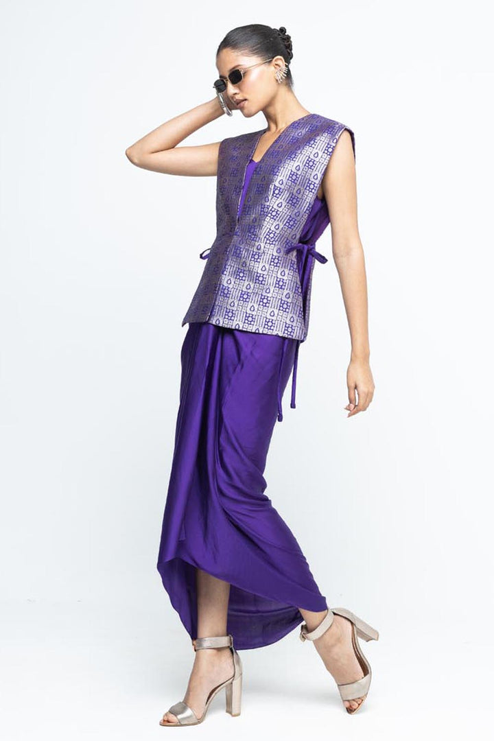 Alia Brocade Gilet Paired With Asymmetrical Dress - Purple