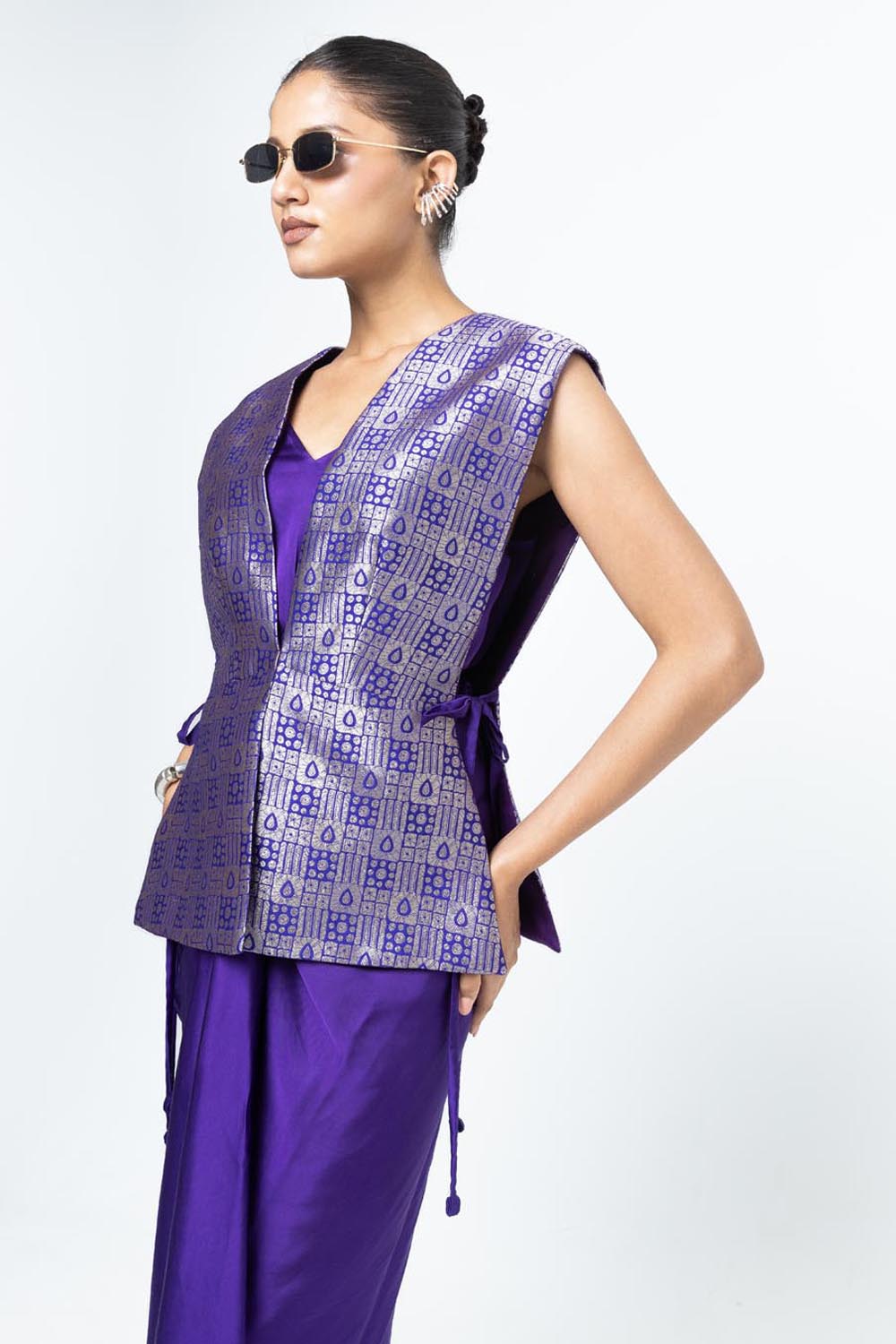 Alia Brocade Gilet Paired With Asymmetrical Dress - Purple