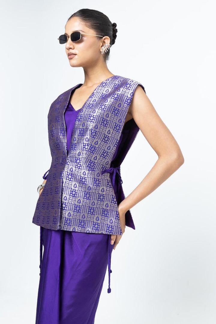 Alia Brocade Gilet Paired With Asymmetrical Dress - Purple