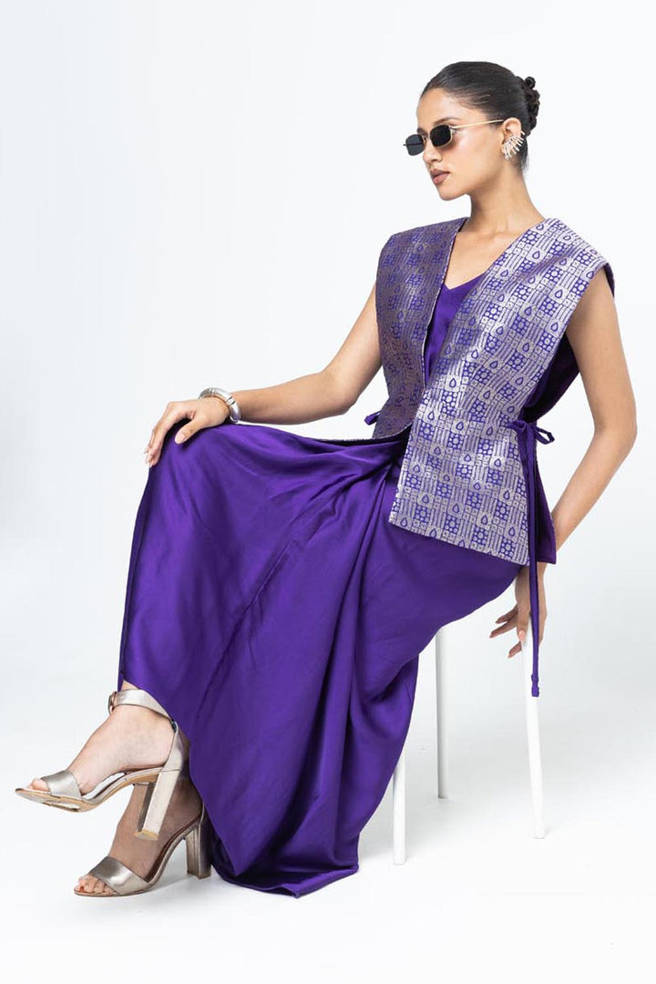 Alia Brocade Gilet Paired With Asymmetrical Dress - Purple