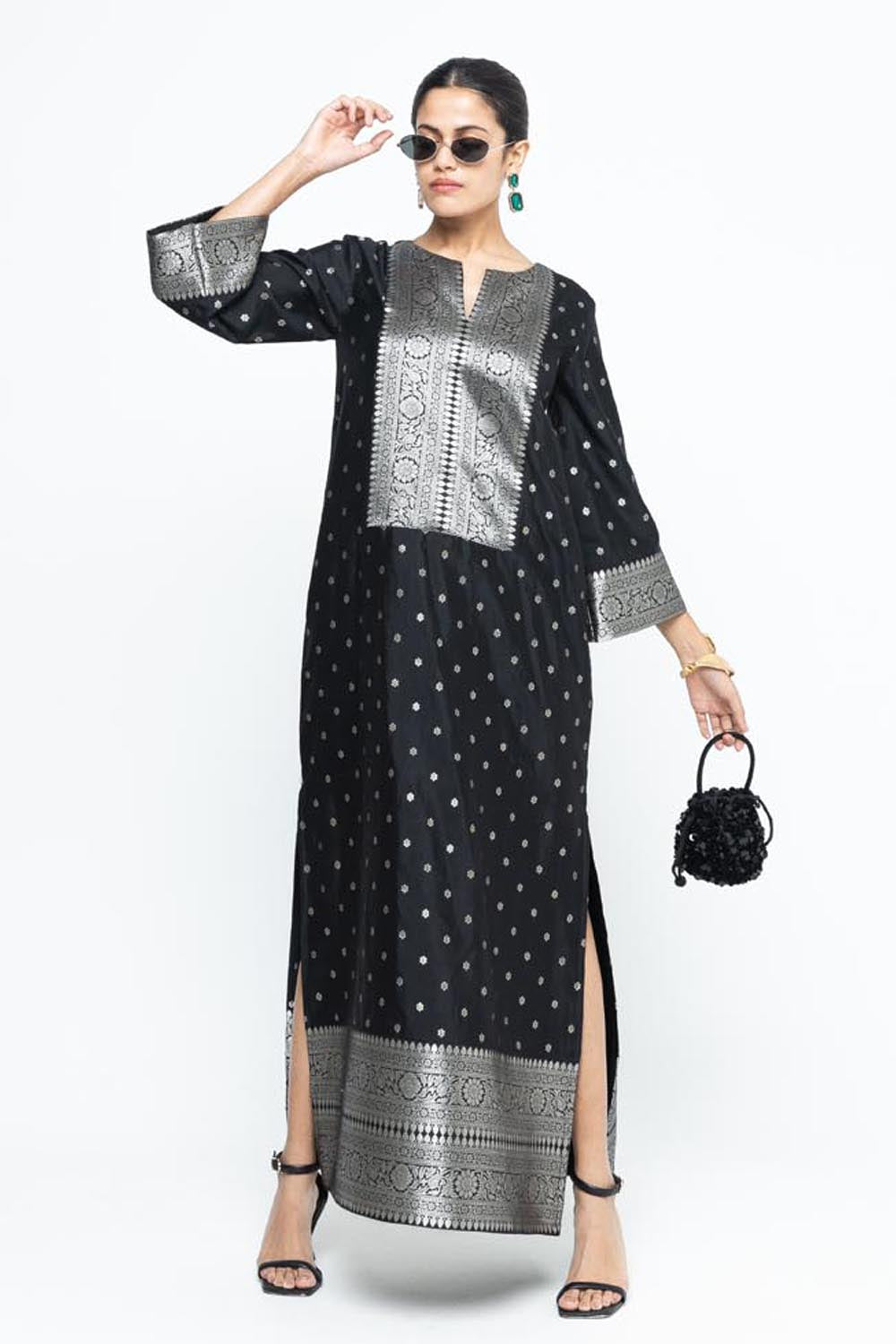 Nats Statement Silk Kaftan With Brocade Detail - Black