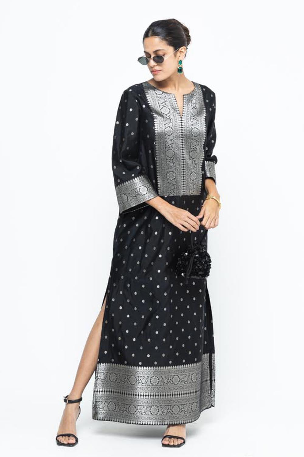 Nats Statement Silk Kaftan With Brocade Detail - Black