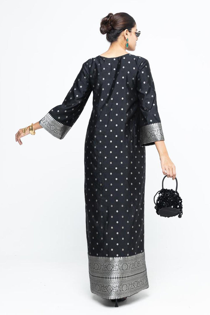 Nats Statement Silk Kaftan With Brocade Detail - Black