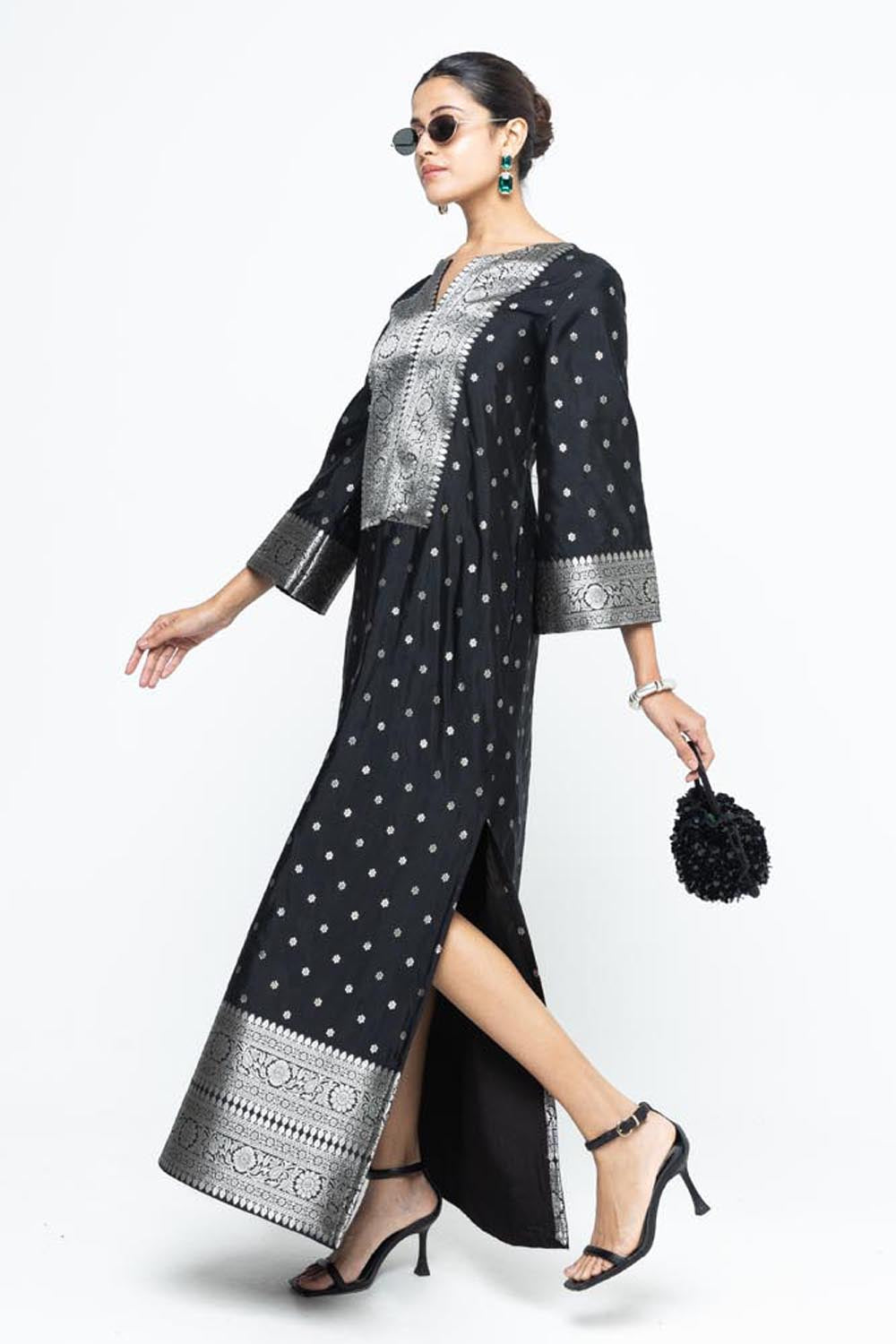 Nats Statement Silk Kaftan With Brocade Detail - Black